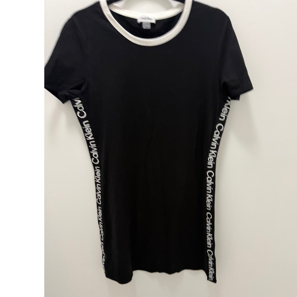 Calvin Klein Womens Black Ringer Logo Tape T-Shirt Mini Dress Medium M